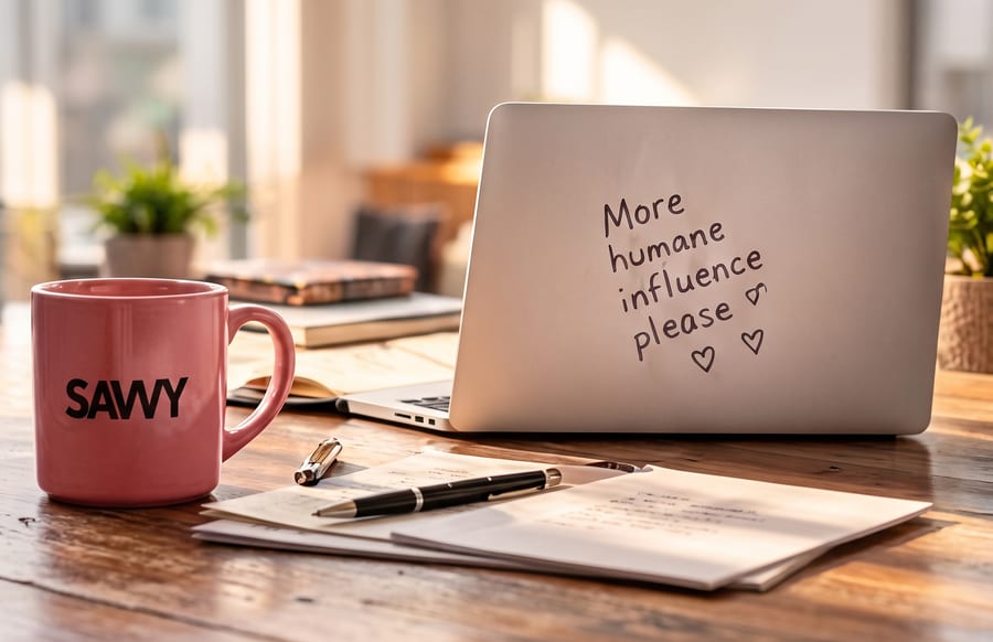 A laptop on a sunlit table beside a pink SAVVY mug, with “More humane influence please” handwritten on its lid
