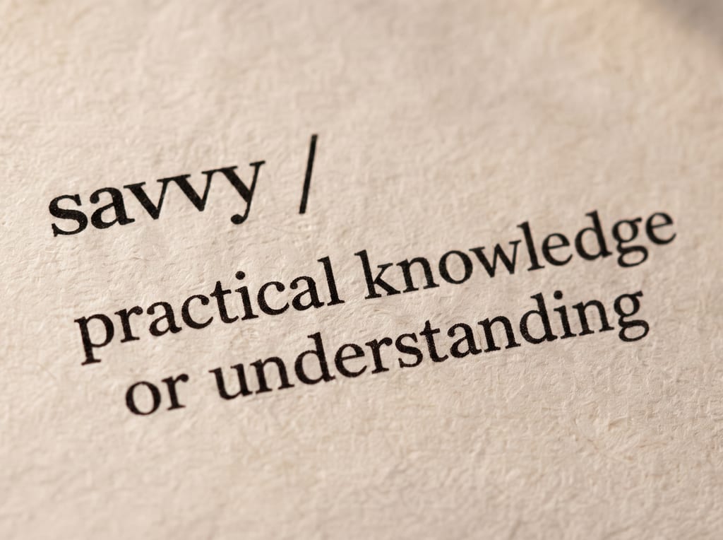 A dictionary page reading: savvy, practical knowledge or understanding, Oxford