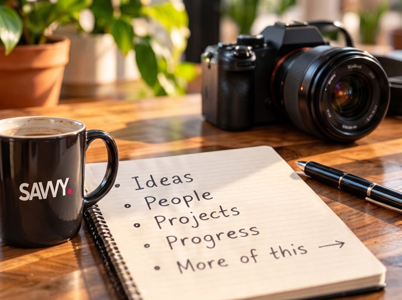 A notepad on a sunlit desk beside a black SAVVY mug and a camera, with a handwritten list: Ideas, People, Projects, Progress, More of this