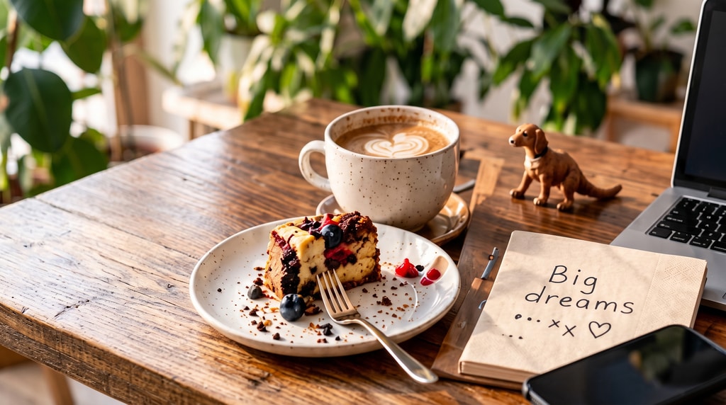 A cafe table with a cappuccino, a half-eaten slice of cake, a toy dinosaur, a laptop and a napkin with “Big dreams” written on it
