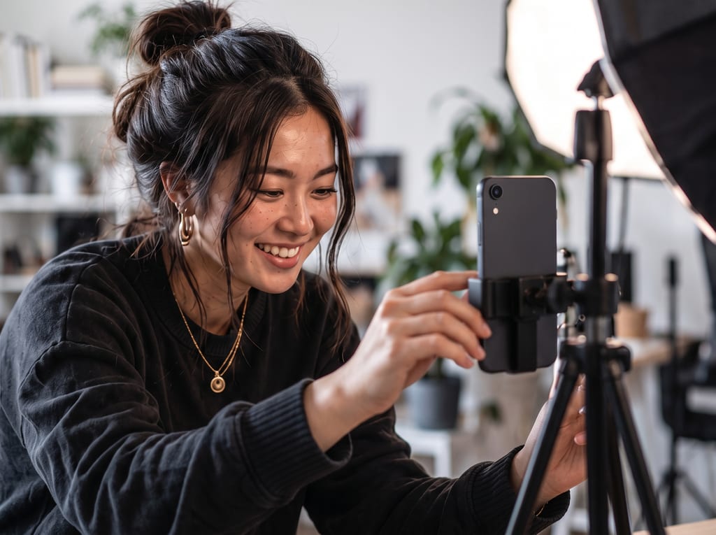 A smiling woman adjusting a phone on a stand for a shoot, with a studio light beside her