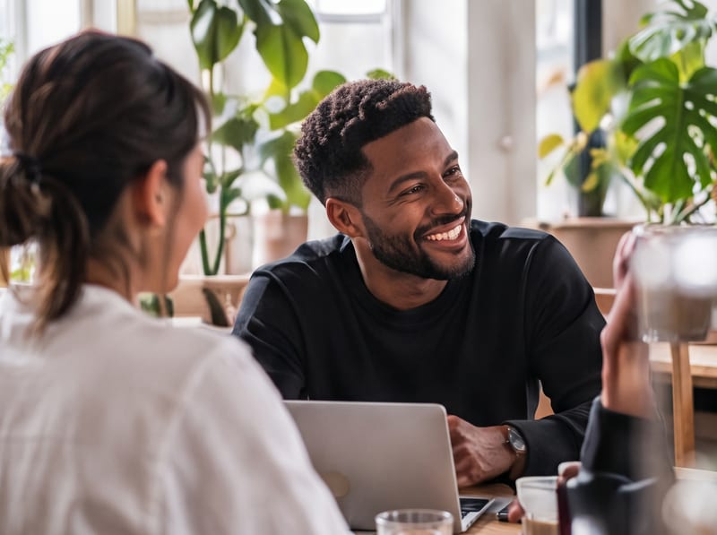 A man in a black T-shirt smiling across a table at the person he is talking to, a laptop between them
