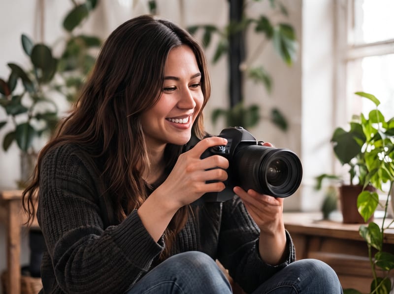 A smiling creator with long dark hair looking down at the camera she is holding, with plants behind her