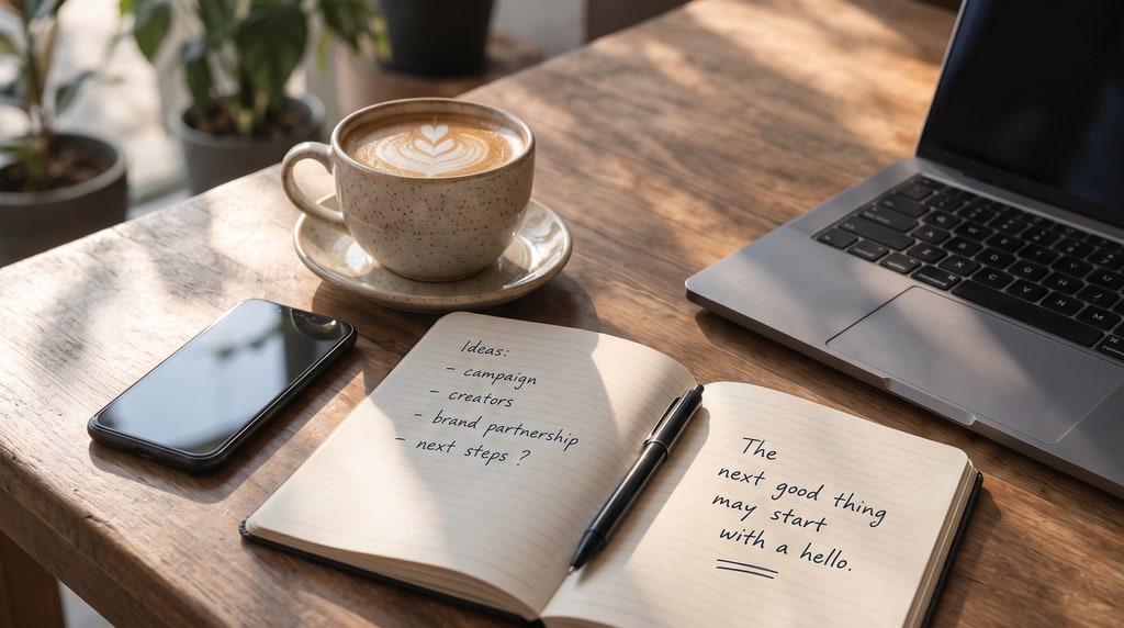 A sunlit cafe table with a cappuccino, a phone, a laptop and an open notebook. Handwritten in the notebook: “Ideas: campaign, creators, brand partnership, next steps?” and “The next good thing may start with a hello.”