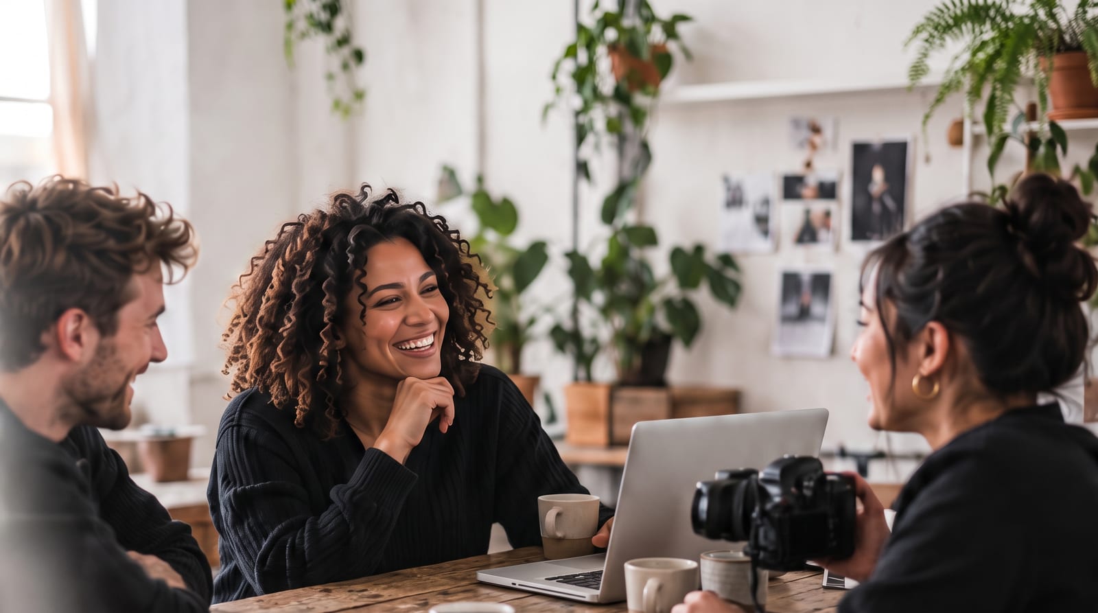 Three people talking and laughing around a laptop and a camera at a wooden table in a bright studio full of plants