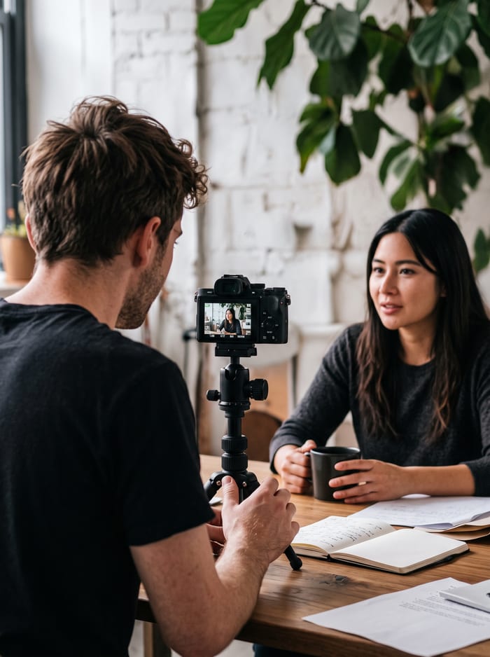 A creator filming a woman who is talking at a table, her picture showing on the screen of a camera on a small tripod