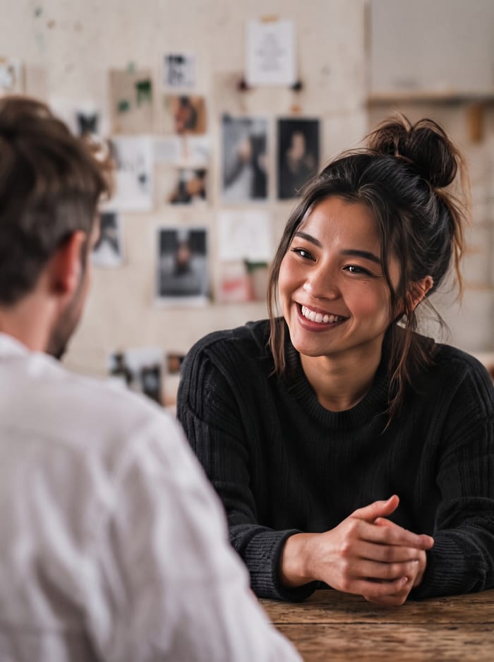 A smiling woman with her hair in a bun in conversation, seen over another person’s shoulder, photo prints on the wall behind her