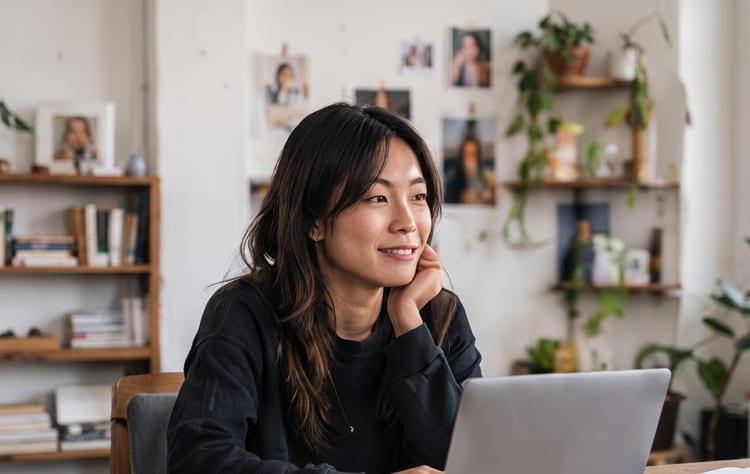 A woman resting her chin on her hand, smiling thoughtfully at a desk