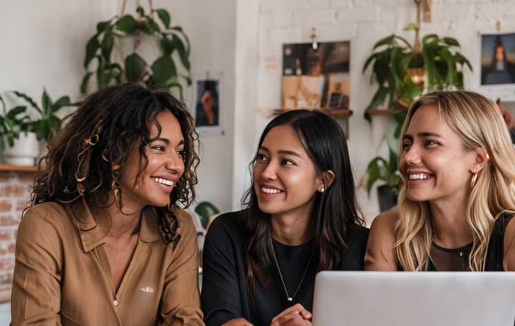 Three women smiling at one another behind a laptop