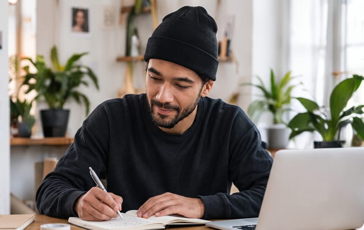 A man in a black beanie writing in a notebook beside a laptop