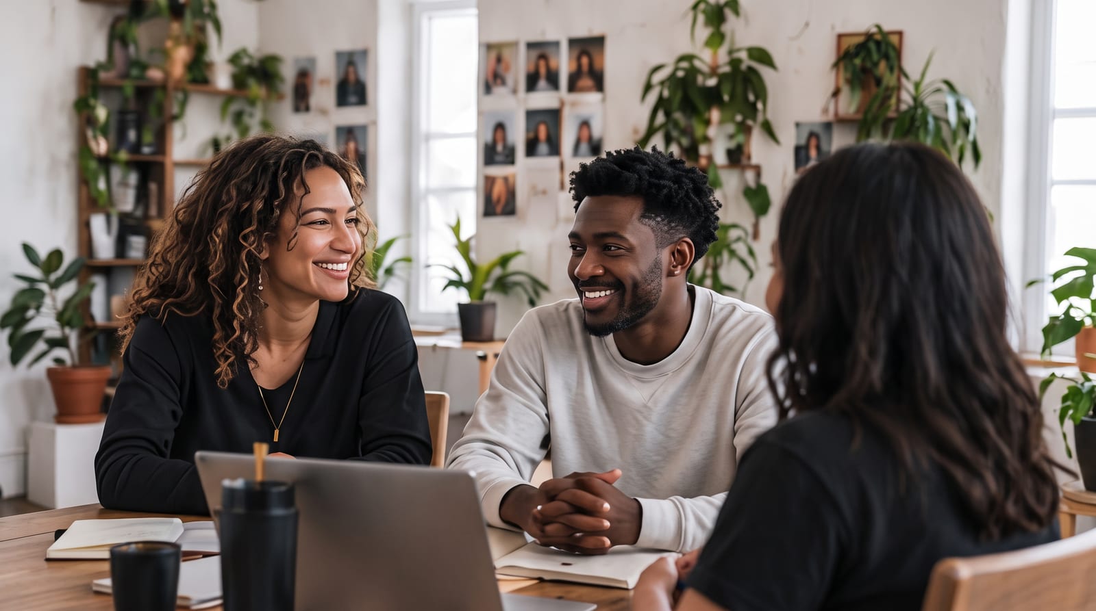 Three creators talking and smiling around a wooden table with a laptop, in a studio full of plants