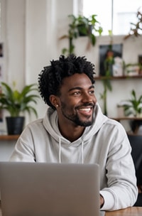 A smiling man in a pale grey hoodie sitting behind a laptop in a bright studio
