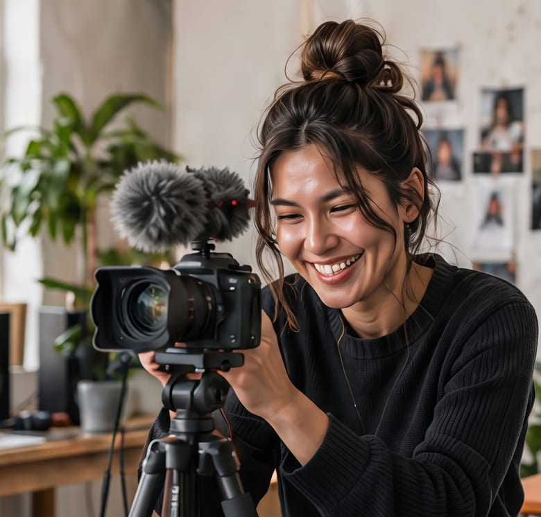 A smiling woman with her hair in a bun, adjusting a camera and microphone on a tripod in a bright studio