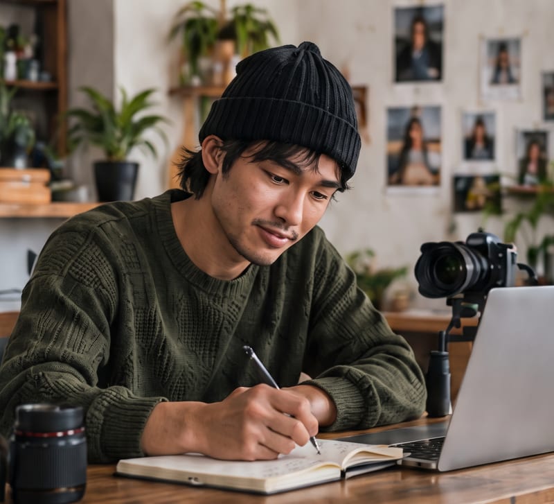 A man in a black beanie and a green jumper writing in a notebook at a desk, with a camera and a laptop beside him